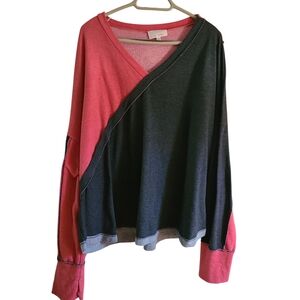 Sugarfox 3X Colorblock Reverse Stitch Stylish V-Neck Thumbhole Sweatshirt